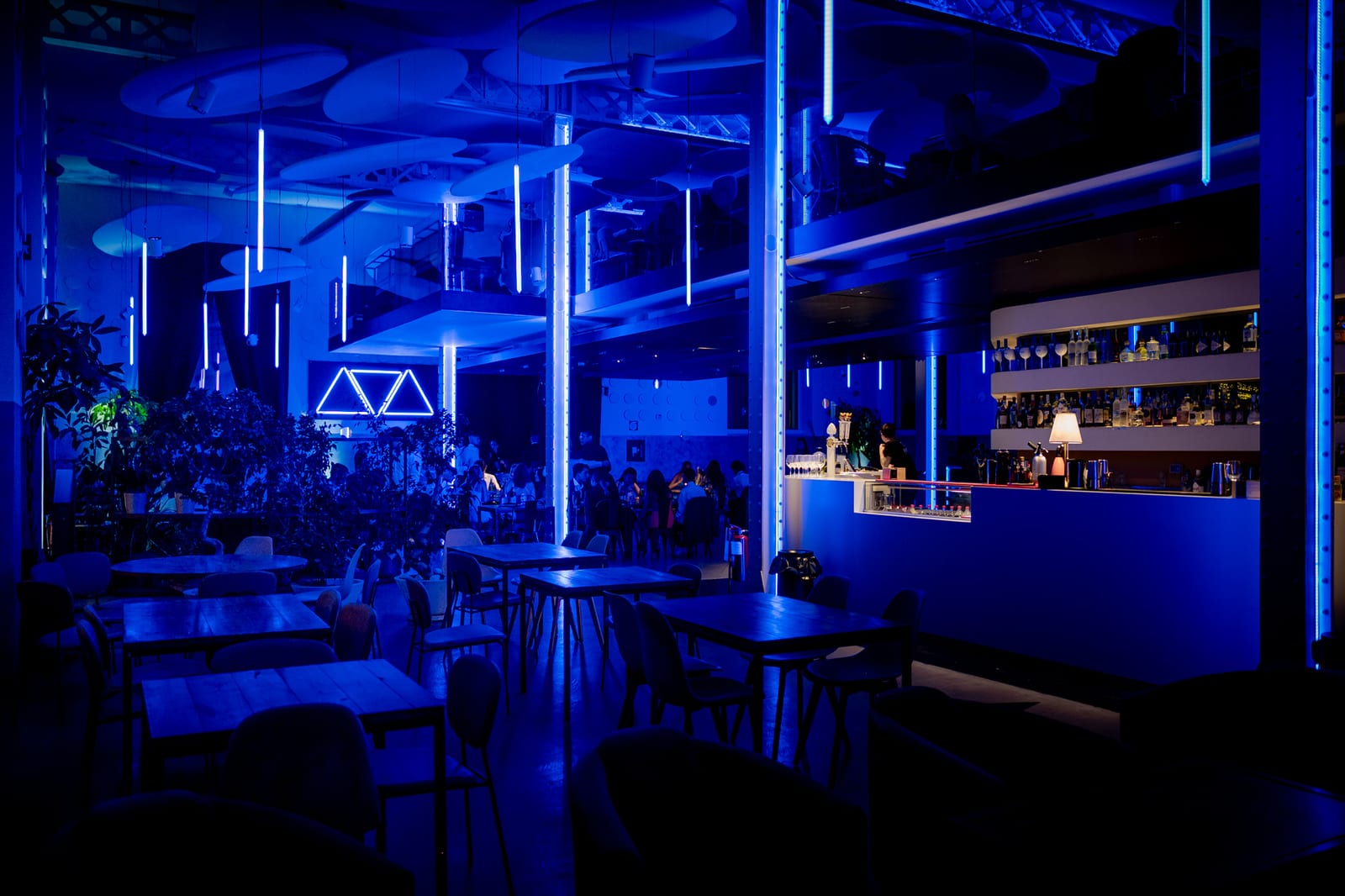 Sala di un locale con tavoli, bancone e colonne di luce blu - servizio fotografico per locali commerciali